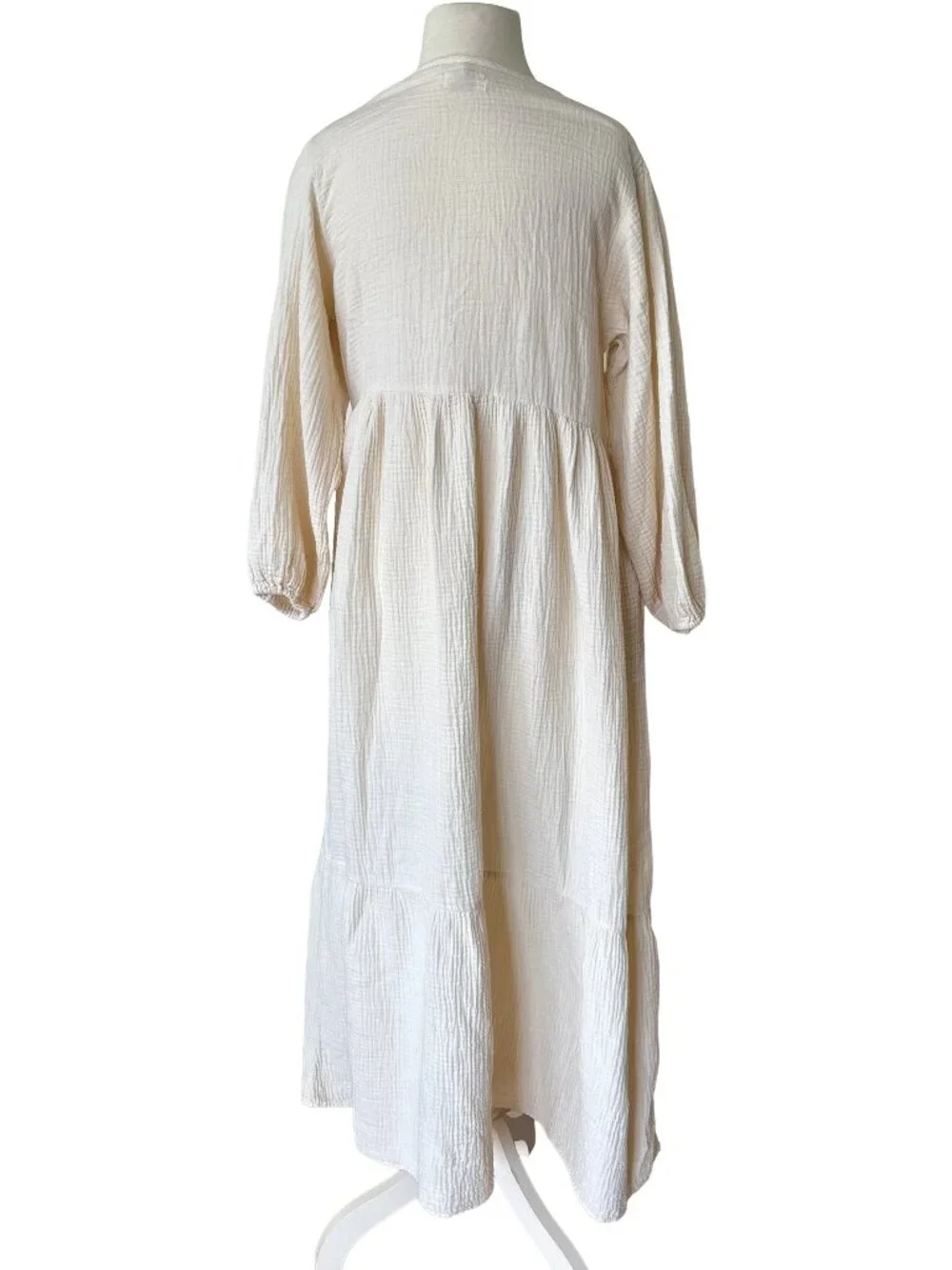 Nico Nico White Maxi Long Sleeve Athena Gauze Tiered V Neck Cotton Flowy Dress - Picture 3 of 9